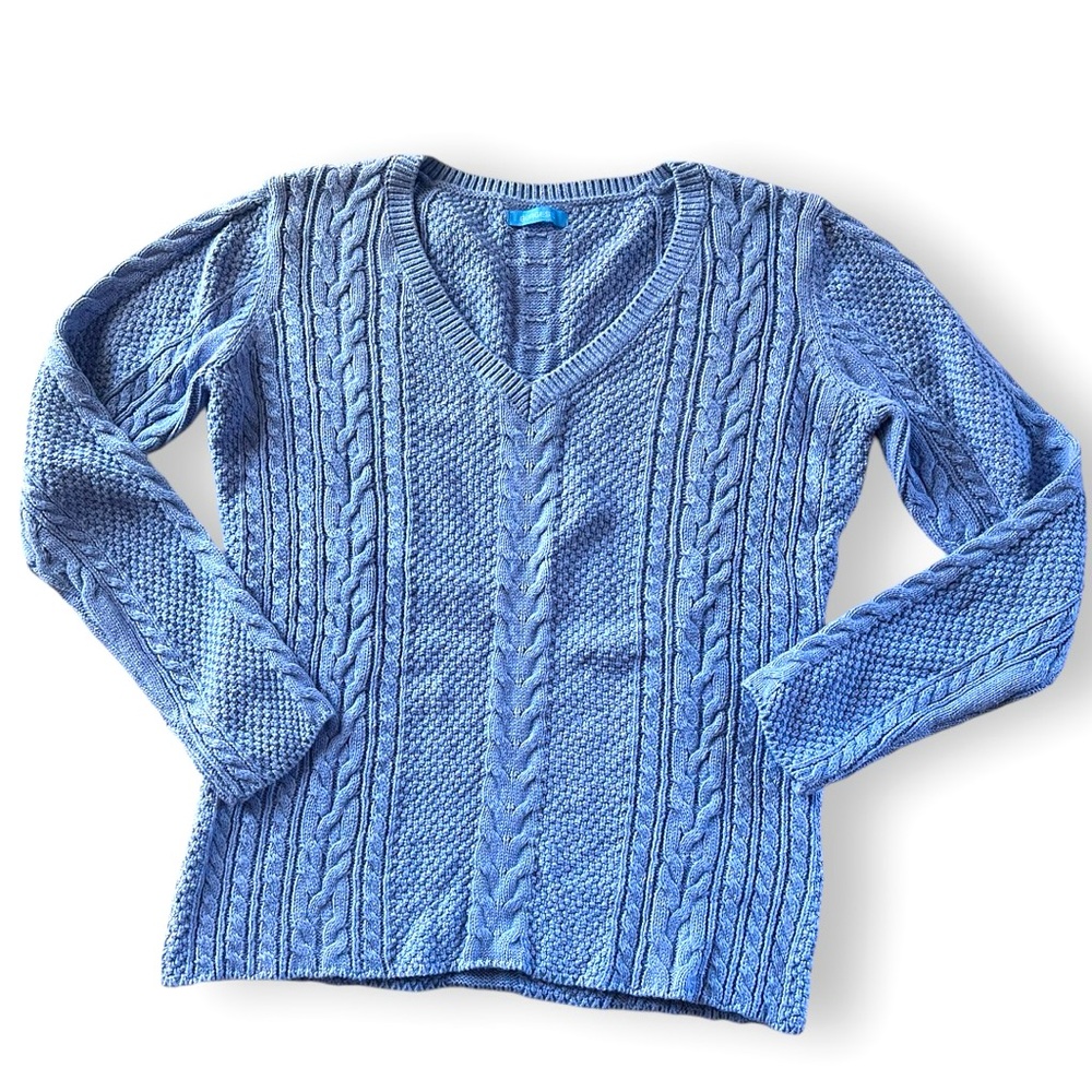 Burgess Cashmere Blend V Neck Cable Knit Sweater Sky Blue Size Small